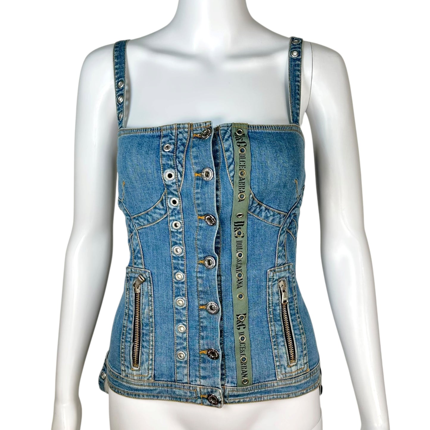 D&G Denim Khaki Bustier Top Adjustable Straps Zippered Pockets