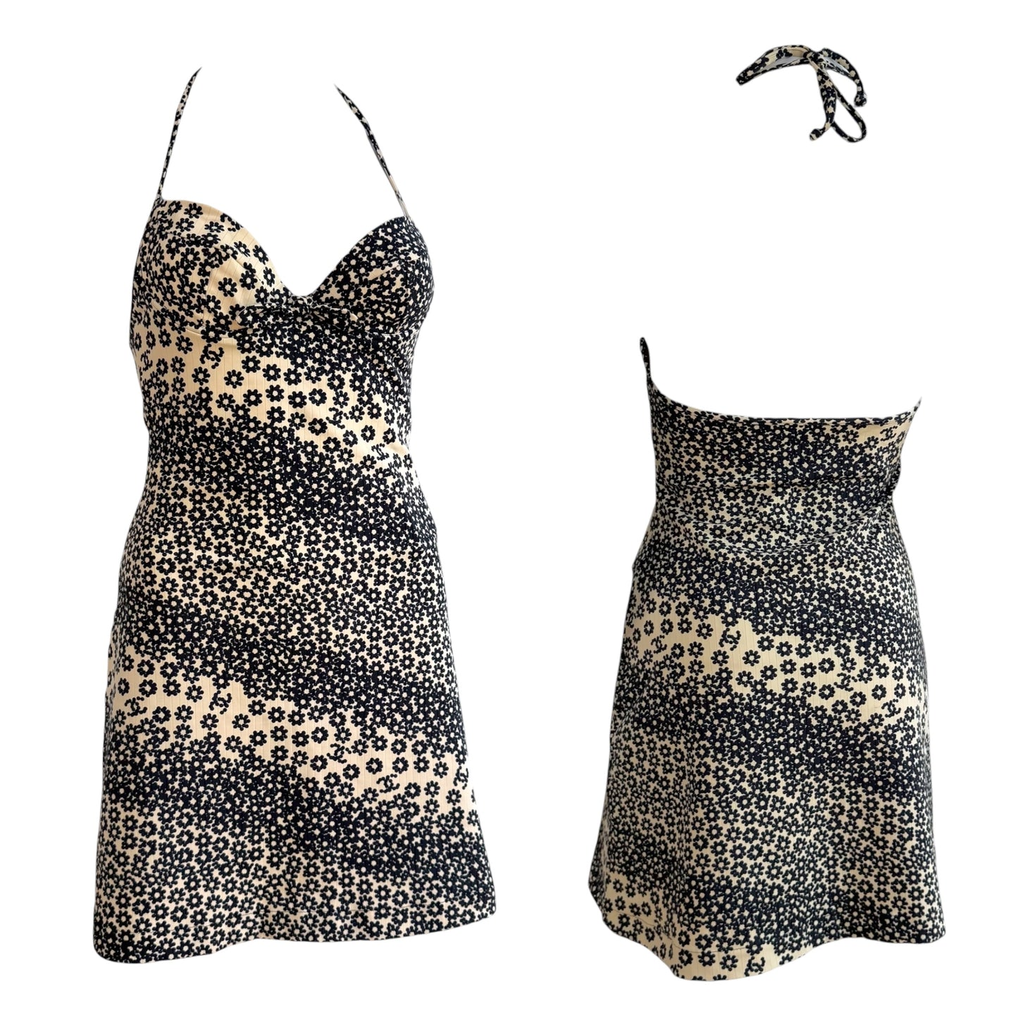 Chanel Spring 2003 Ivory & Navy Floral Print Logo Halter Mini Dress