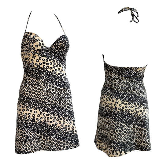 Chanel Spring 2003 Ivory & Navy Floral Print Logo Halter Mini Dress