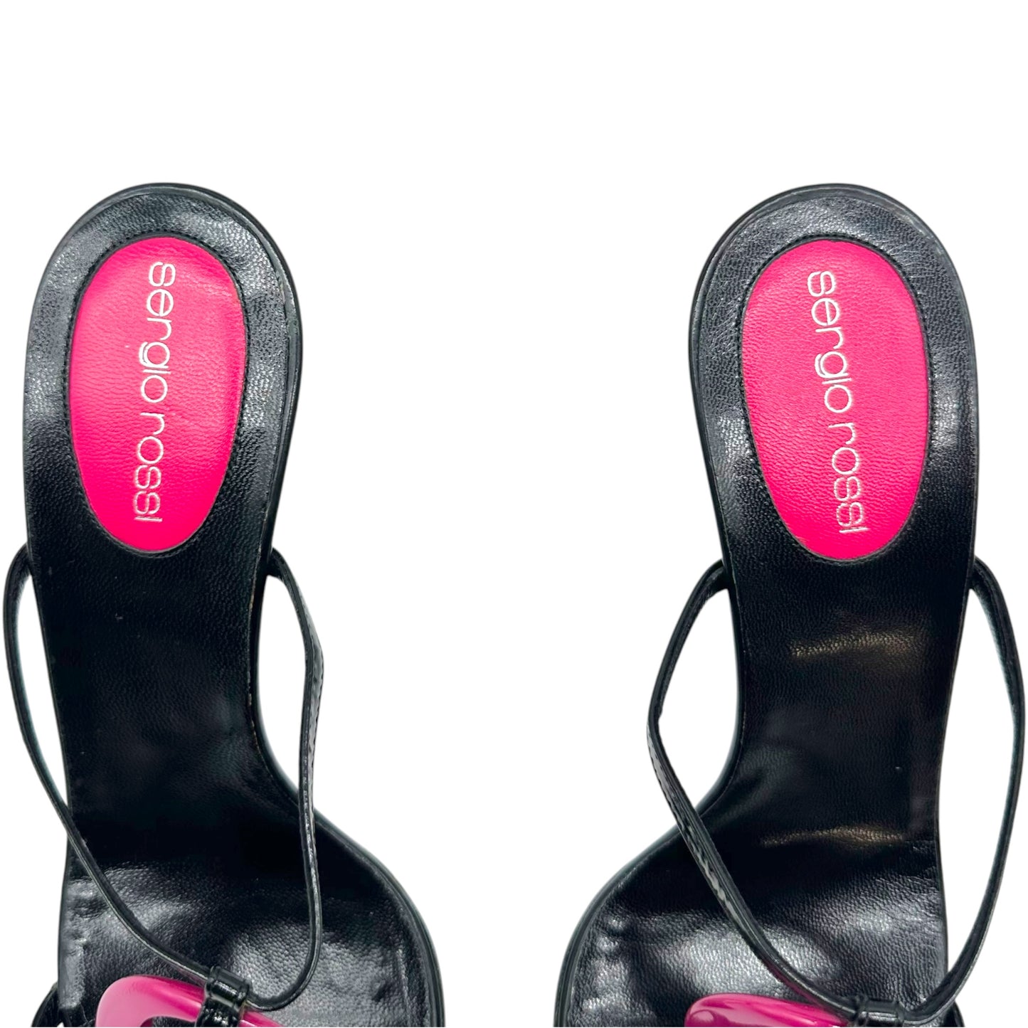 Sergio Rossi Black Patent Leather Pink Logo Heeled Mules