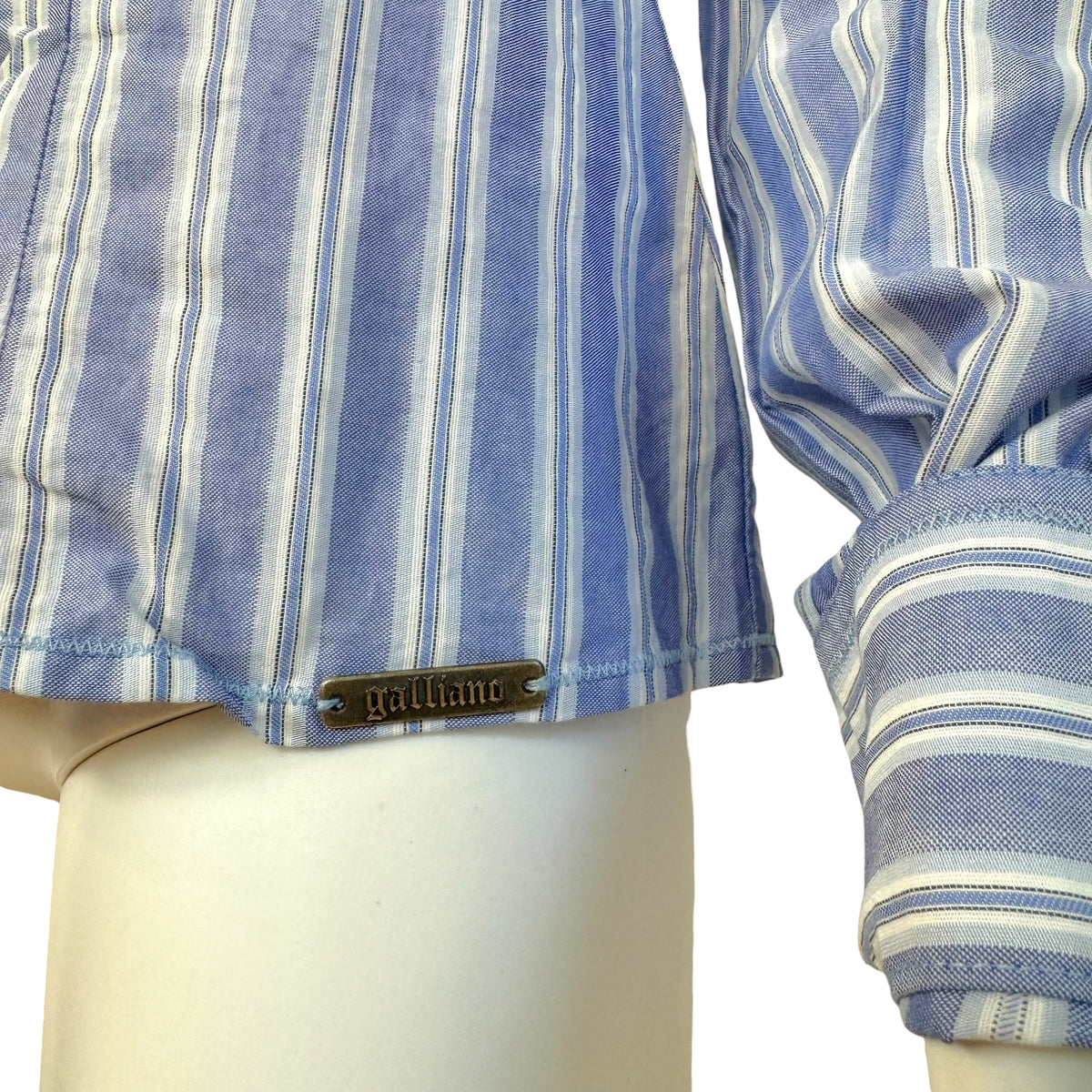 Galliano Blue Pinstriped Logo Embroidered Button Up Blouse