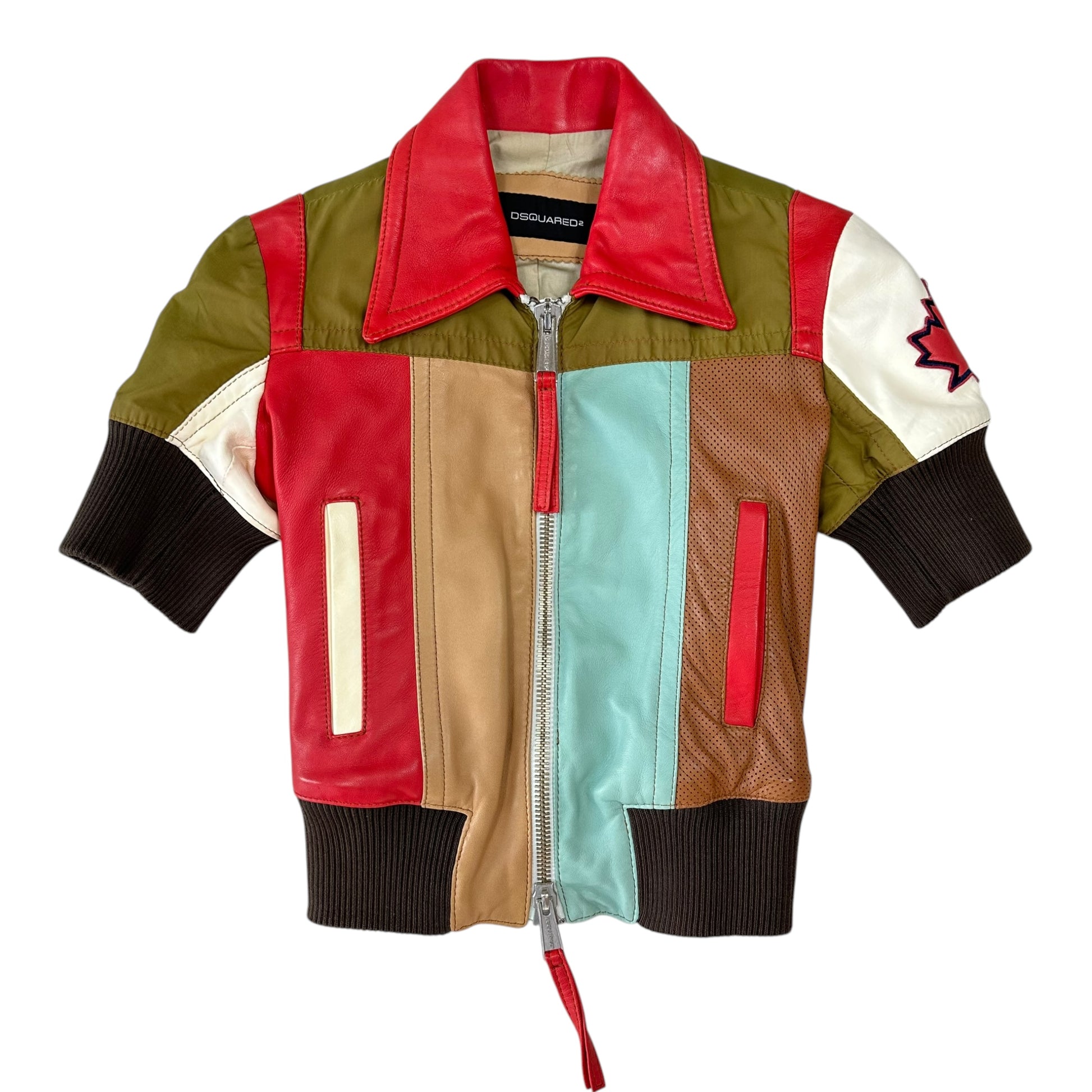 Dsquared2 Multicolor Patchwork Short Sleeve Crop Moto Jacket - Outfit Repeater