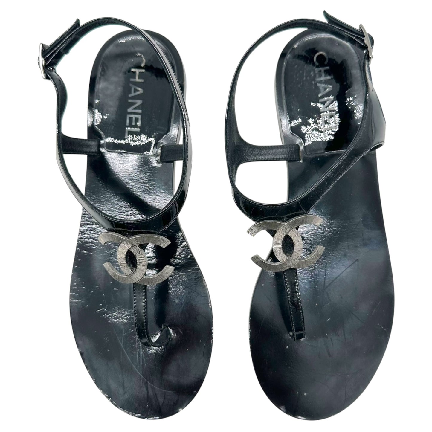 Chanel Black Patent Leather CC Logo Thong Sandals