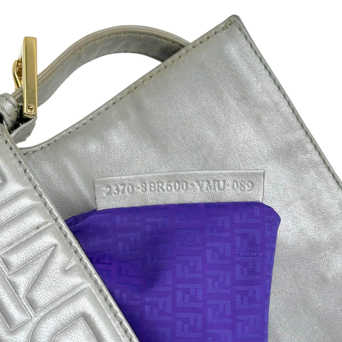 Fendi Silver Logo Embossed & Gold Hardware Baguette Bag