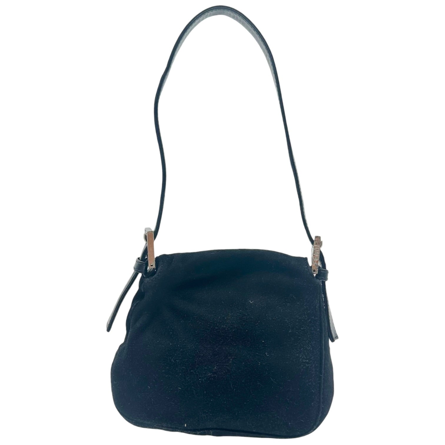 Fendi Black Suede Mini Baguette Bag with Red Buckle