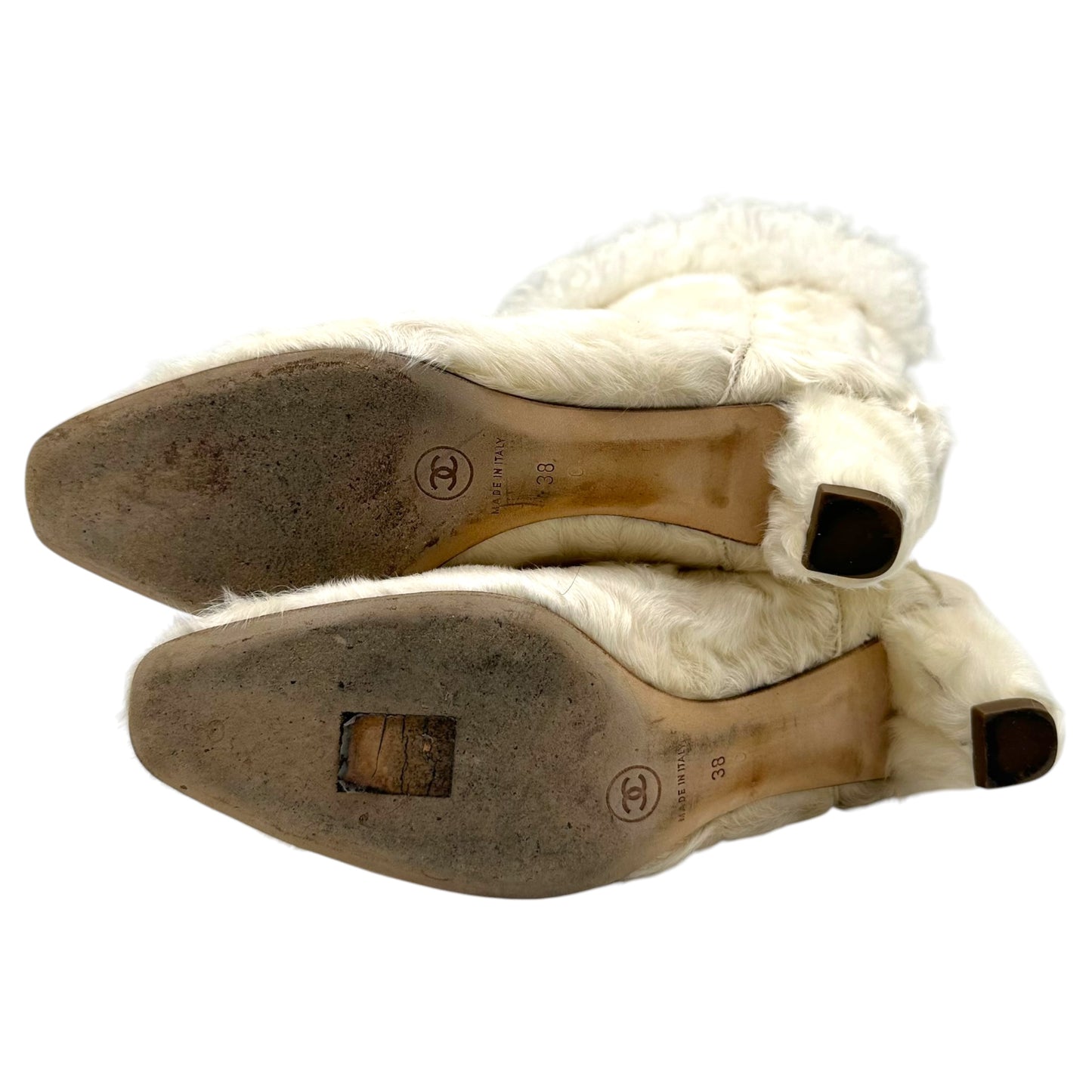 Chanel Ivory Mongolian Lamb Fur Heeled Boots