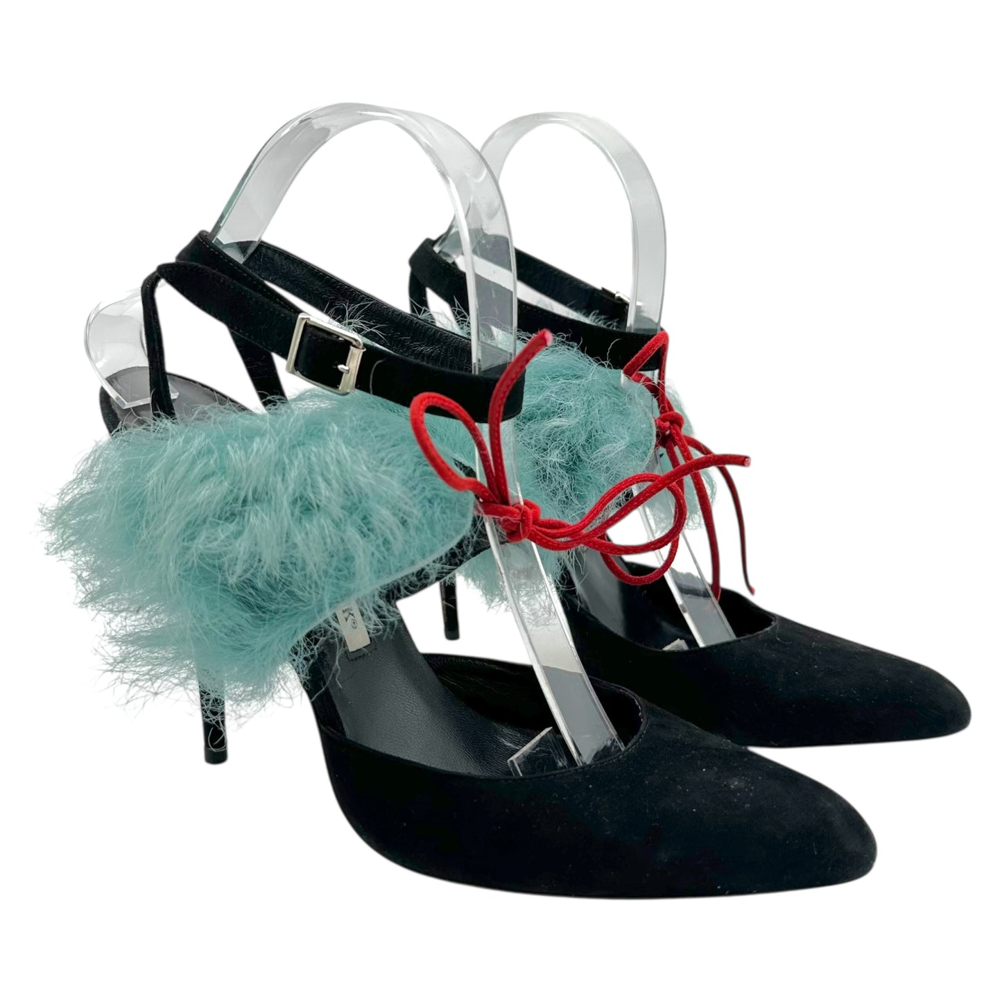 Manolo Blahnik Black Suede Teal Shearling Wrap Heels