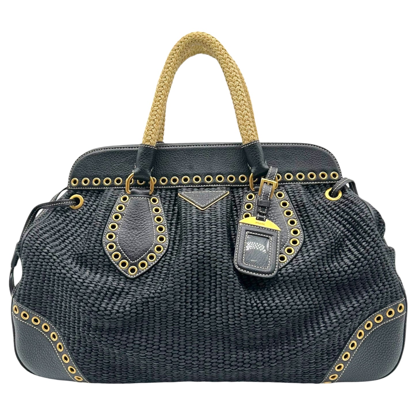 Prada Navy Blue Raffia Rivet Studded Doctors Handbag