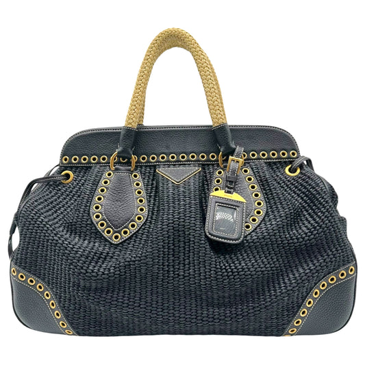 Prada Navy Blue Raffia Rivet Studded Doctors Handbag
