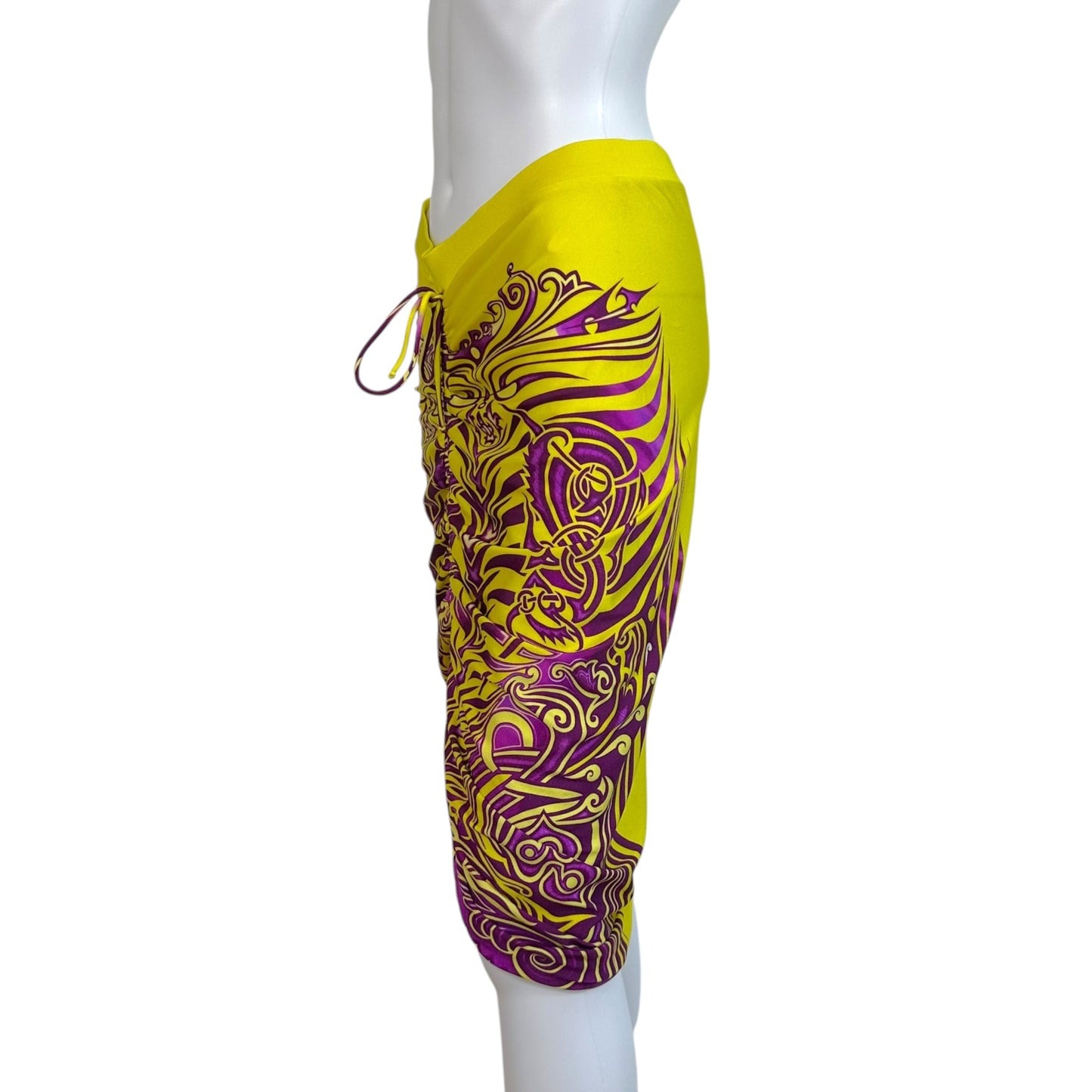Jean Paul Gaultier Soleil Yellow & Purple Tribal Print Ruched Midi Skirt