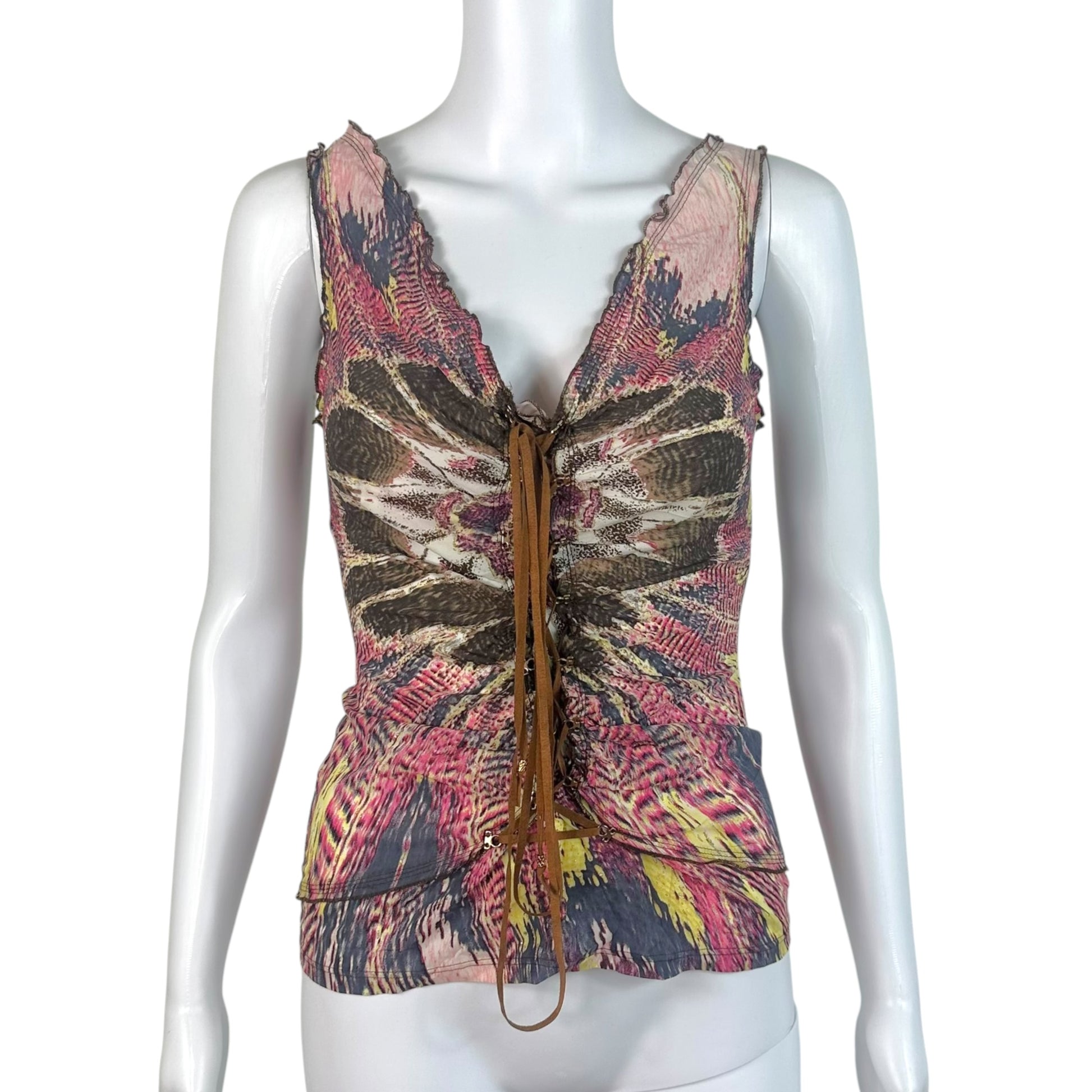 Roberto Cavalli Silk Tank Top Capri Pants Set Pink Multi Feather Print