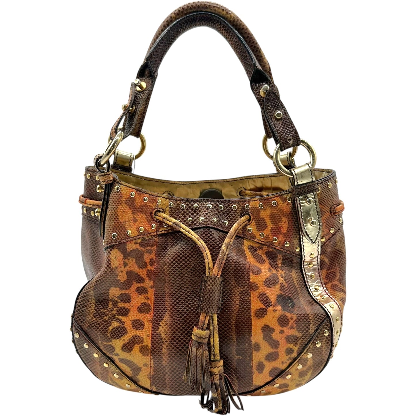 Roberto Cavalli Orange & Brown Lizard Skin Studded Bucket Bag