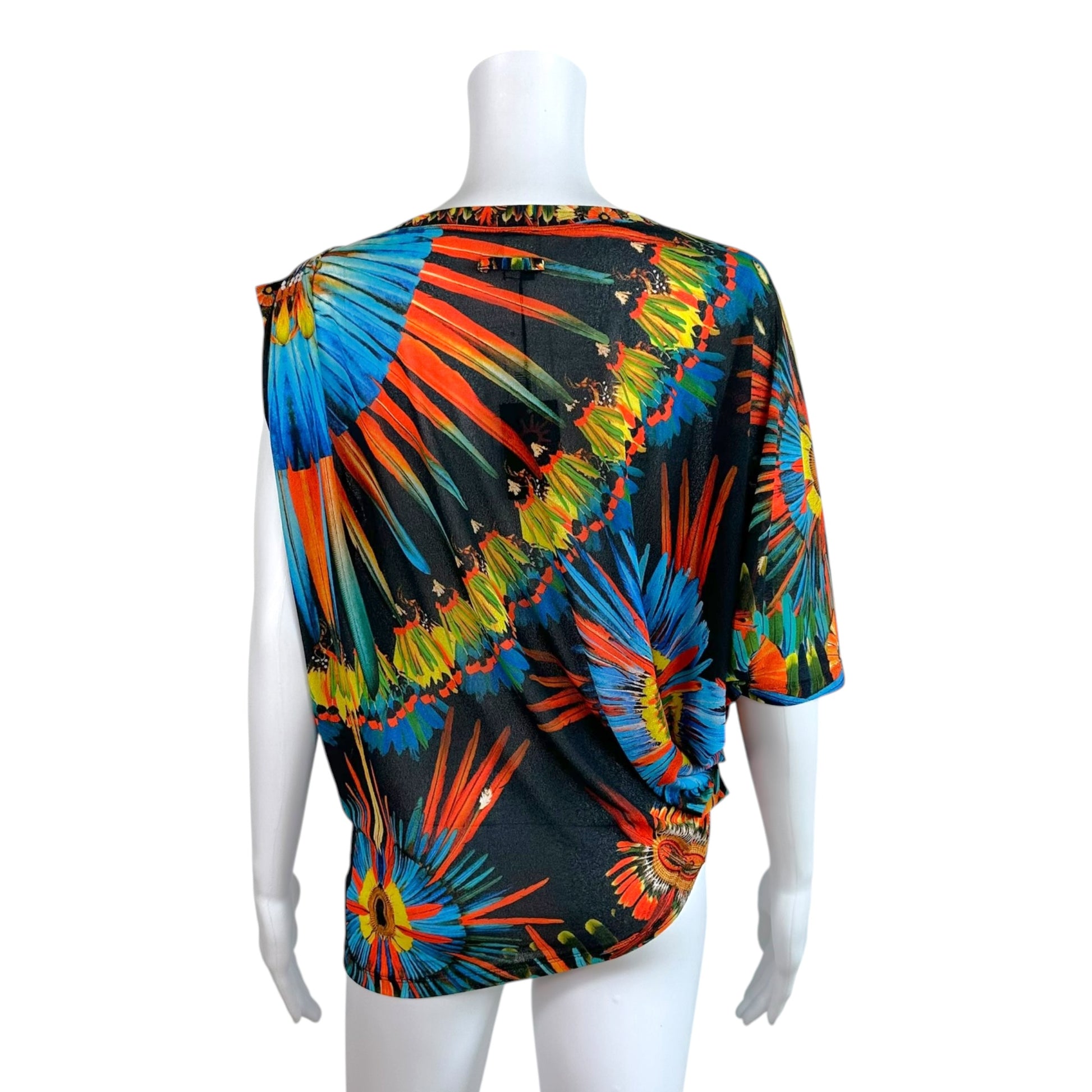 Jean Paul Gaultier Asymmetrical Mesh Top Multicolor Feather Print