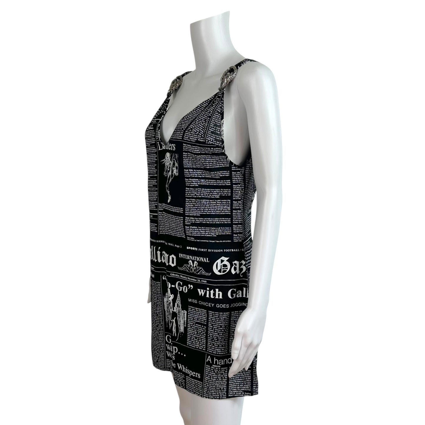 John Galliano Mini Shift Dress Black White Gazette Print