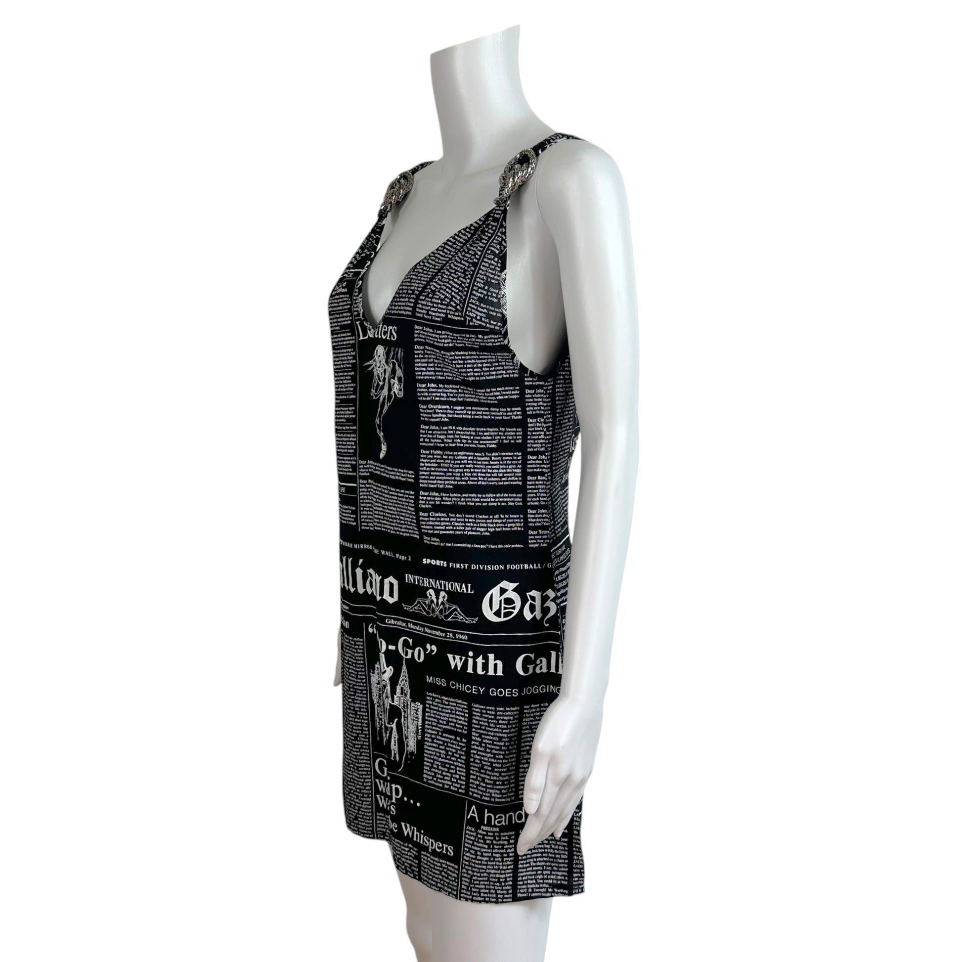 John Galliano Mini Shift Dress Black White Gazette Print