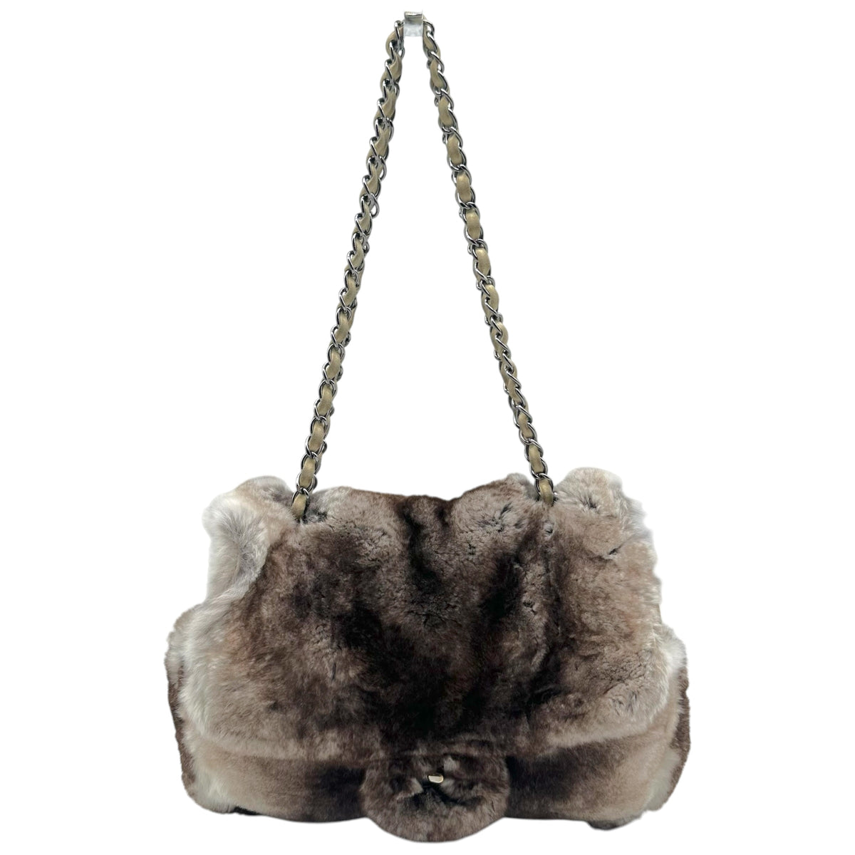 Chanel Small Flap Shoulder Bag Brown Gray Rabbit Fur