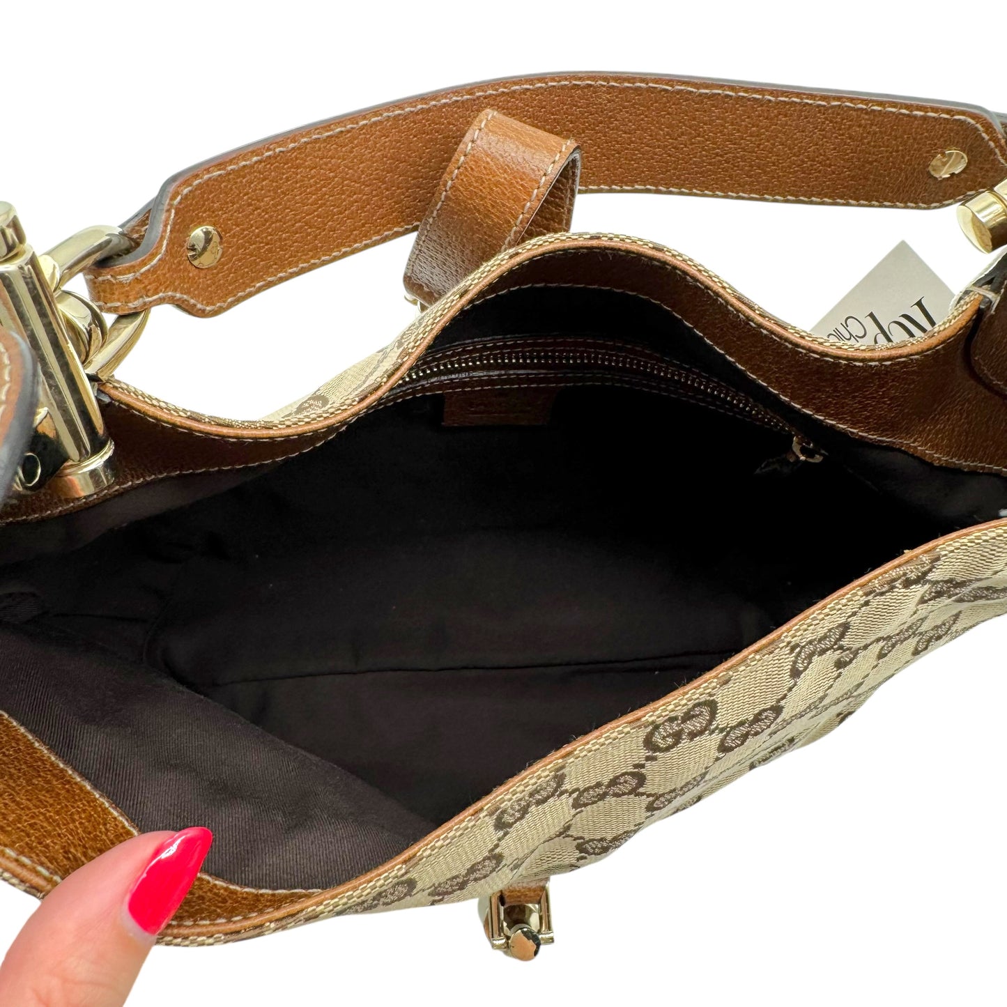 Gucci Tan Monogram & Brown Leather Piston Lock Shoulder Jackie Bag