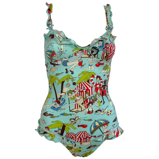 John Galliano One Piece Swimsuit Turquoise Blue Multicolor