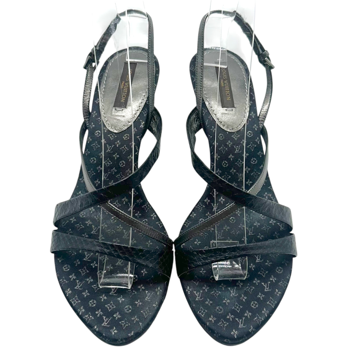 Louis Vuitton Black Satin Monogram & Python Strappy Kitten Heel Sandals