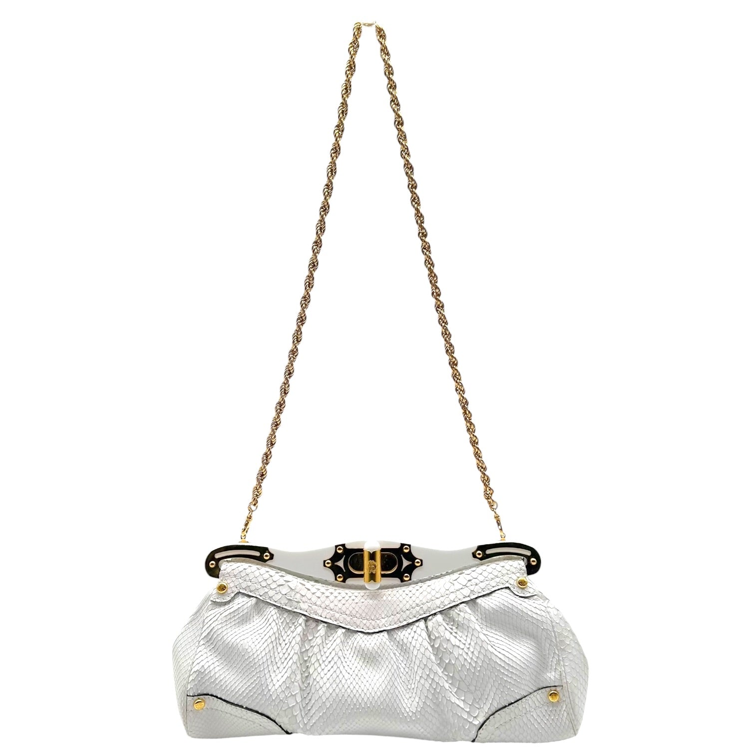 Roberto Cavalli White Python Gold Detail Clutch Bag