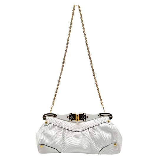 Roberto Cavalli White Python Gold Detail Clutch Bag