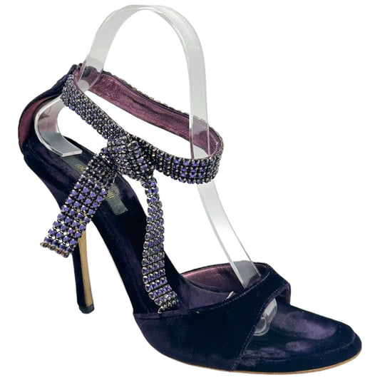 Roberto Cavalli Purple Velvet & Crystal Ankle Strap Heeled Sandals