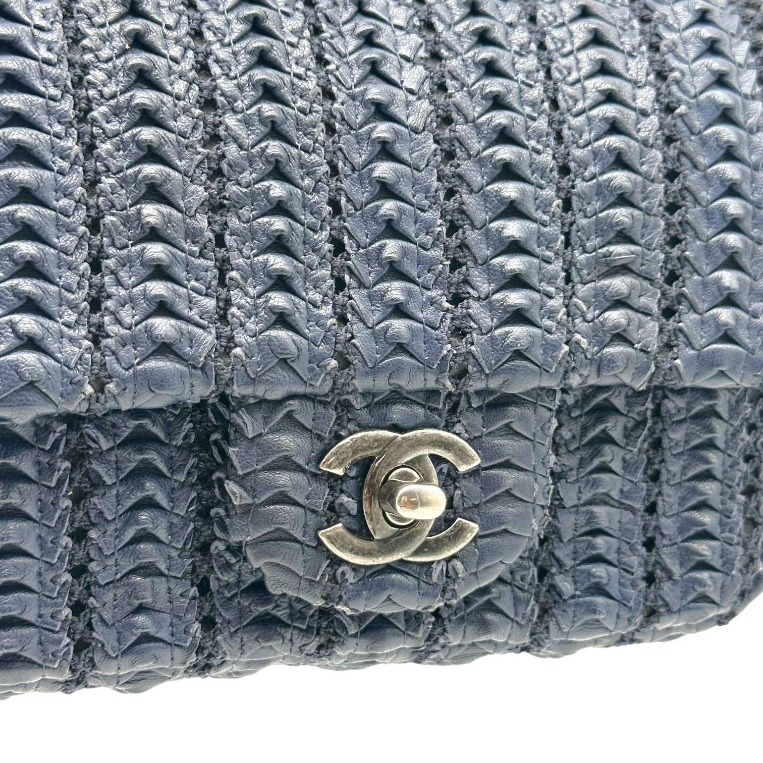 Chanel Small Square Flap Bag Navy Blue Woven Leather