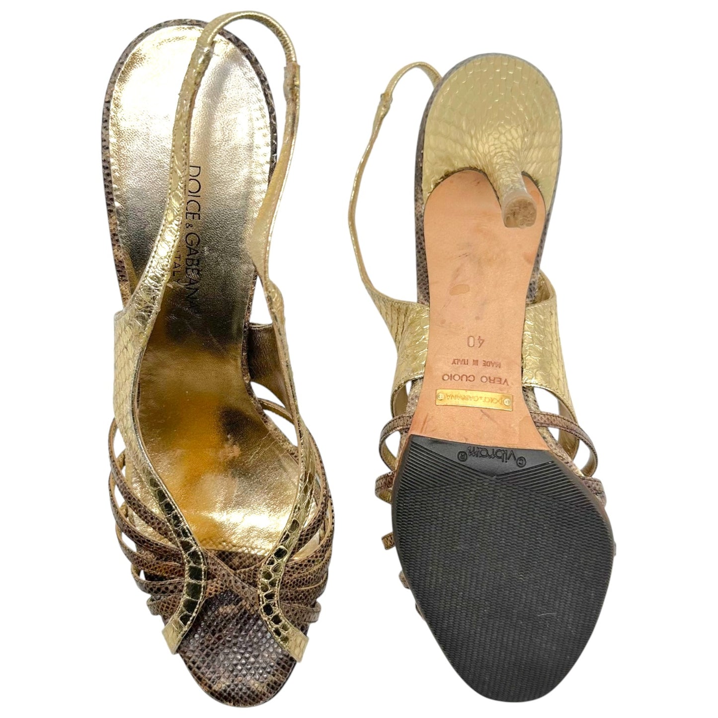 Dolce & Gabbana Gold & Brown Snakeskin Strappy Sandal Heels