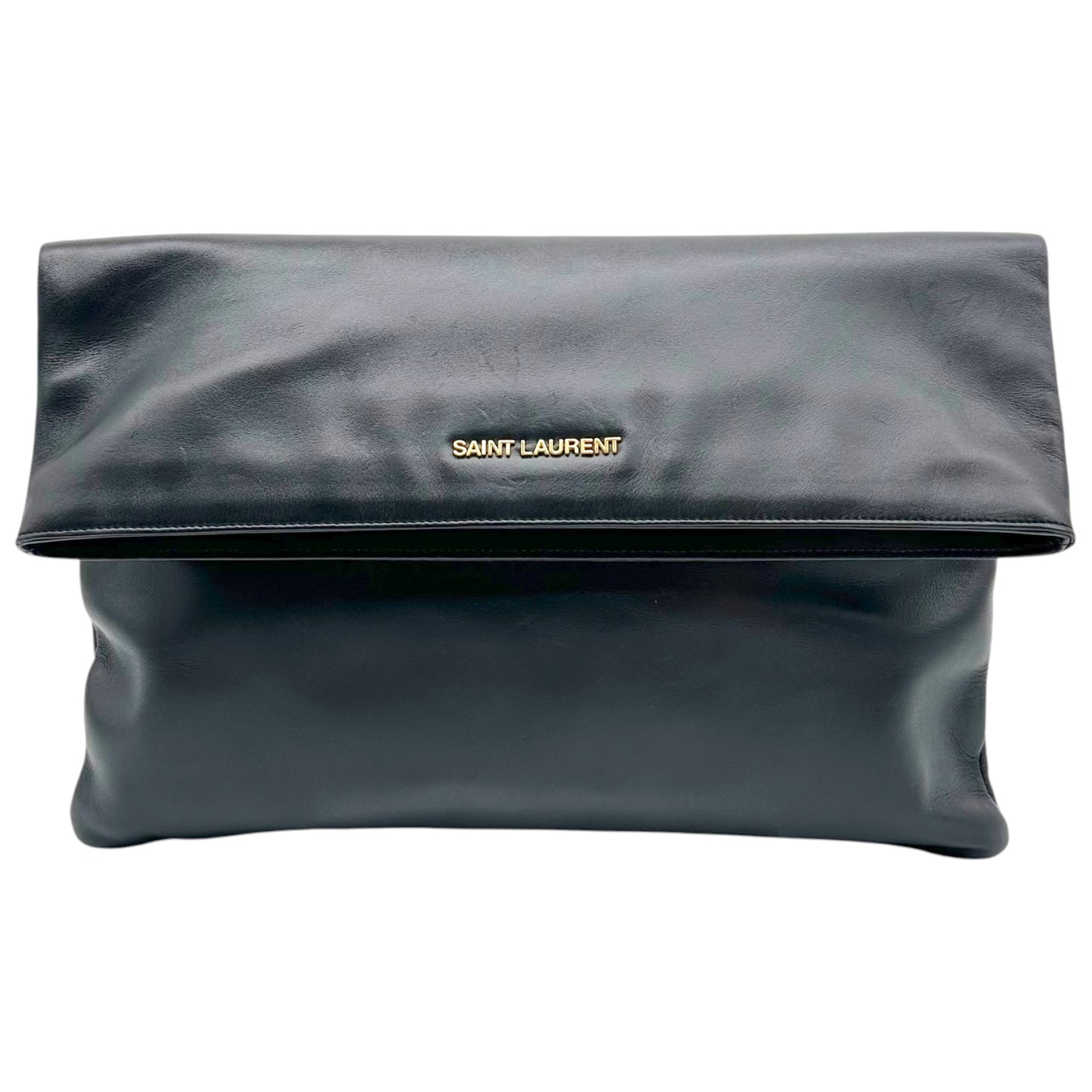 Saint Laurent Black Fold-Over Leather Clutch Bag