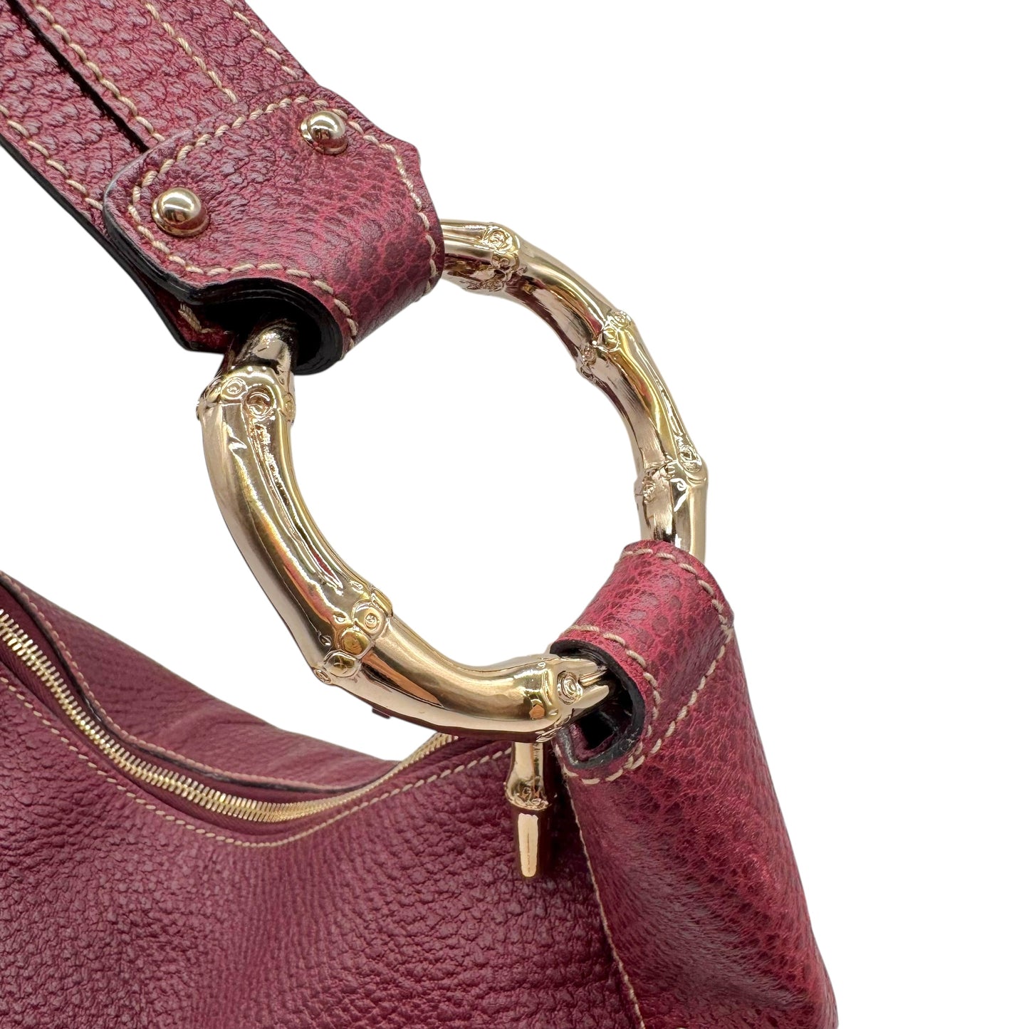 Gucci Burgundy Leather Metal Bamboo Ring Hobo Bag