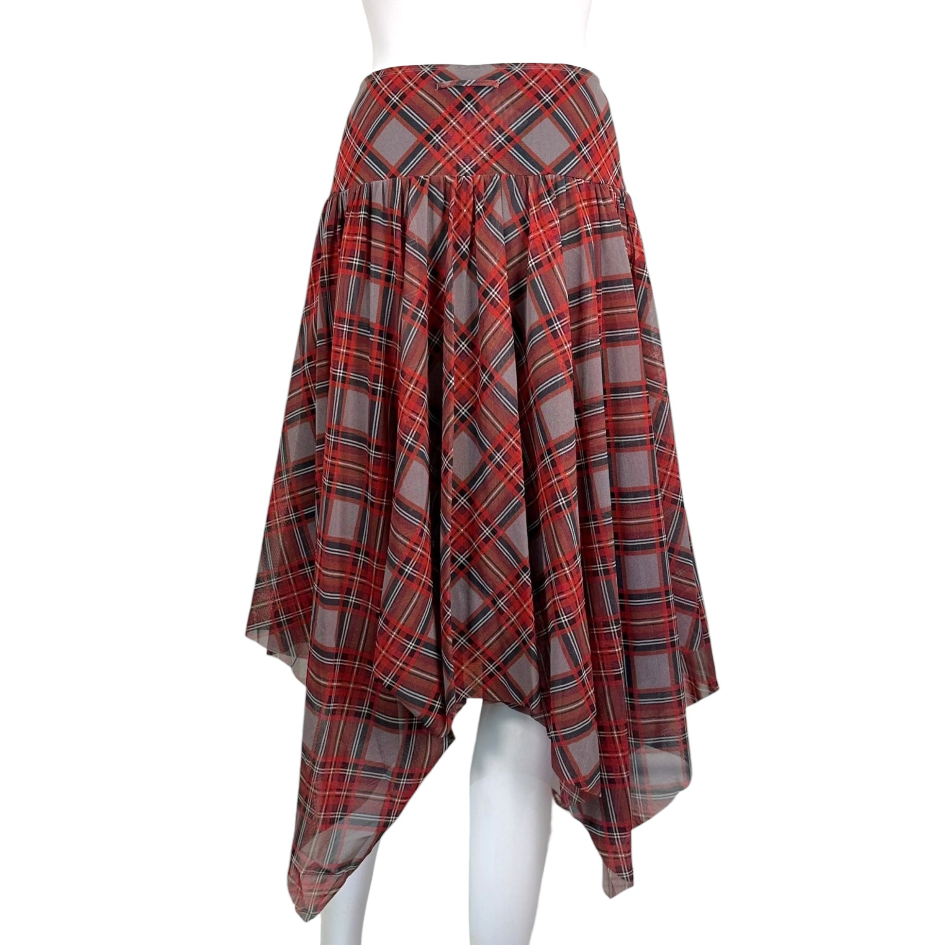 Jean Paul Gaultier Red Plaid Mesh Asymmetrical Hem Skirt