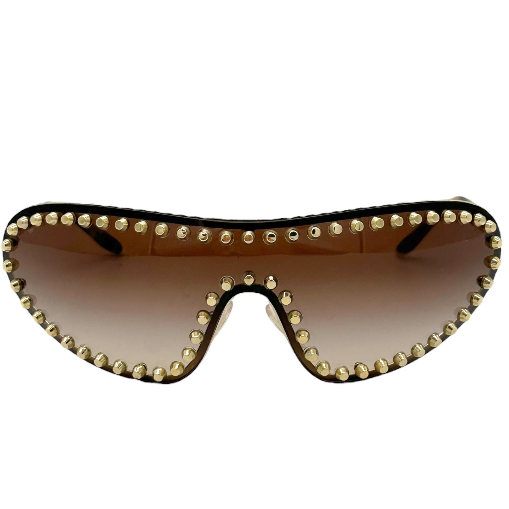 Prada Brown & Gold Studded Shield Sunglasses - Outfit Repeater