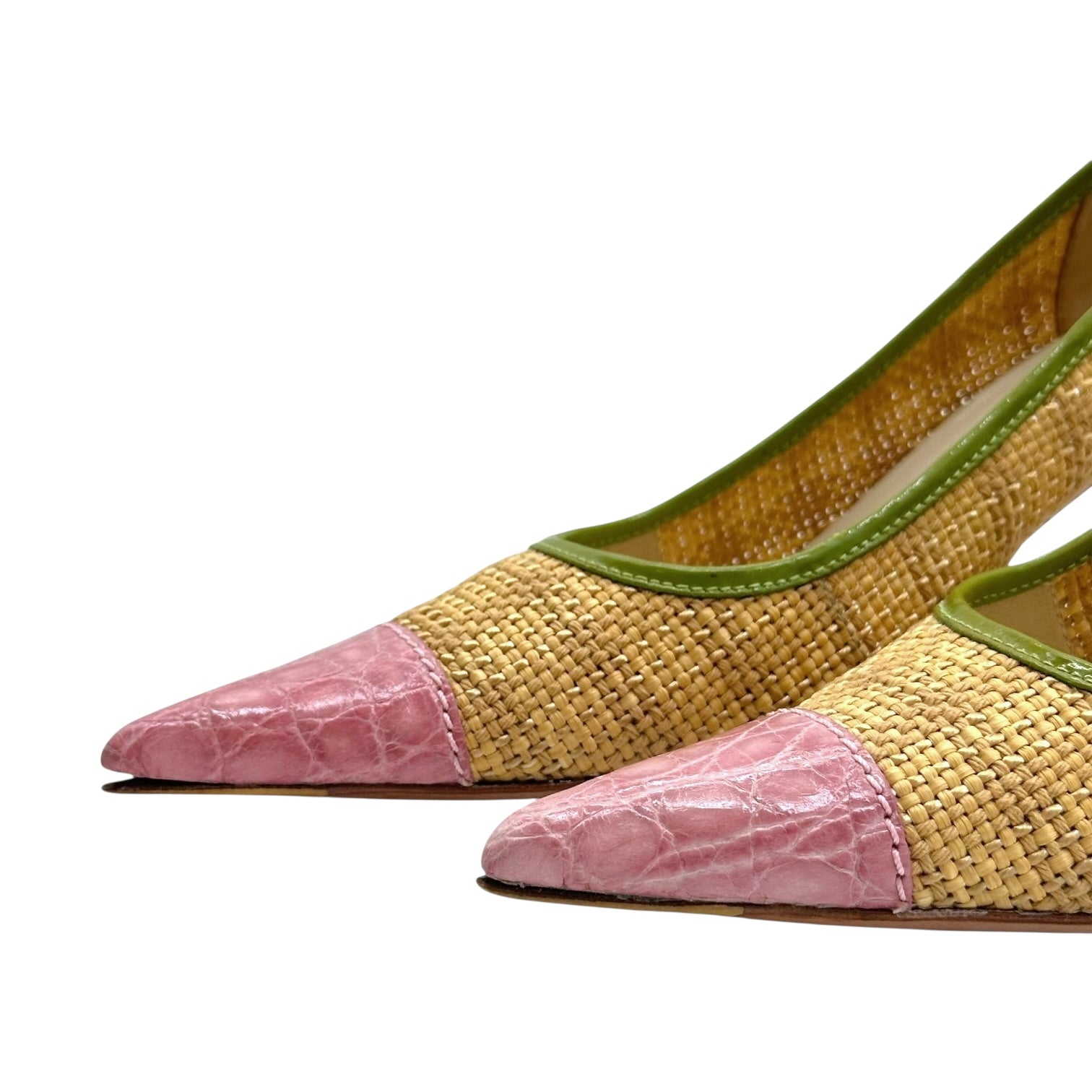Prada Pink & Green Raffia Pointed Toe Heels - Outfit Repeater