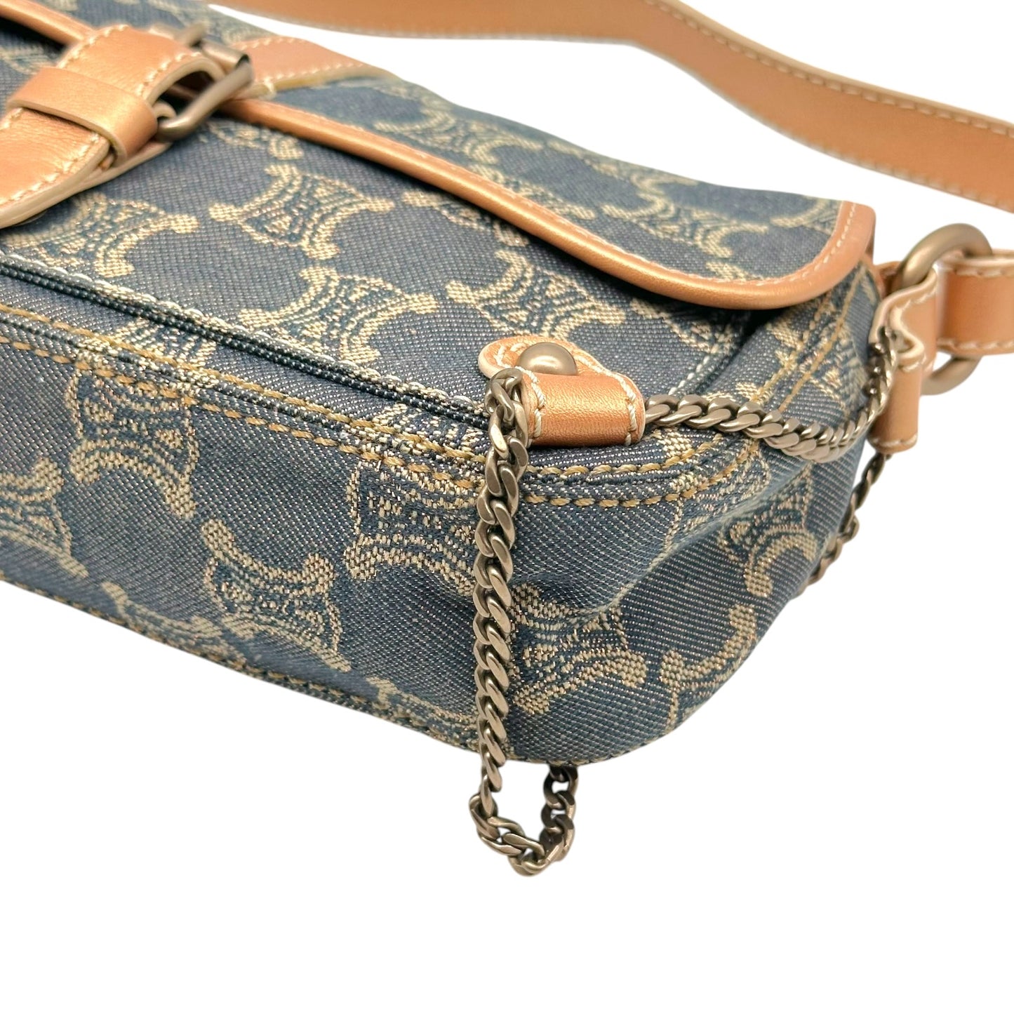 Celine Triomphe Monogram Metallic Denim Chain Embellished Shoulder Bag