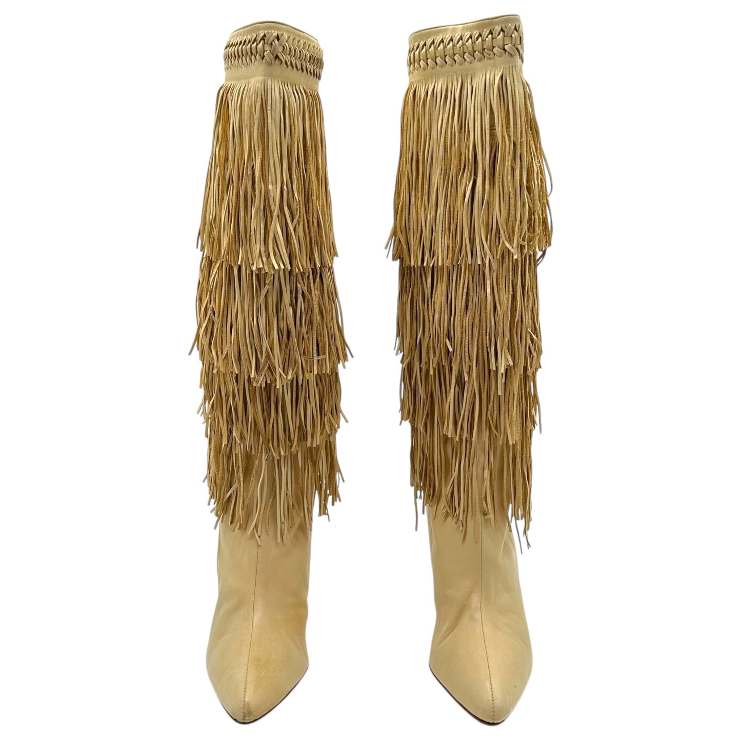 Brian Atwood Beige Leather Fringe Trim Heeled Boots