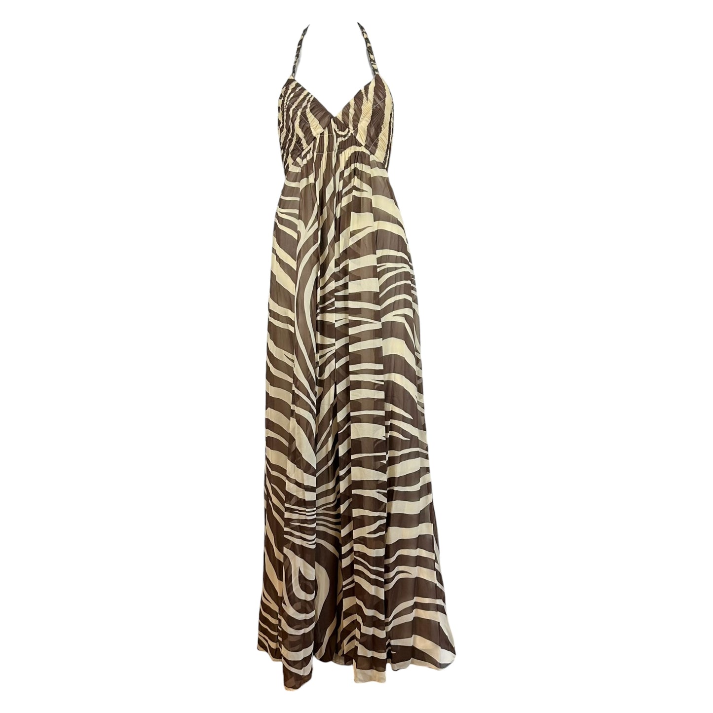 BCBGMaxAzria Brown & Ivory Zebra Print Silk Halter Maxi Dress