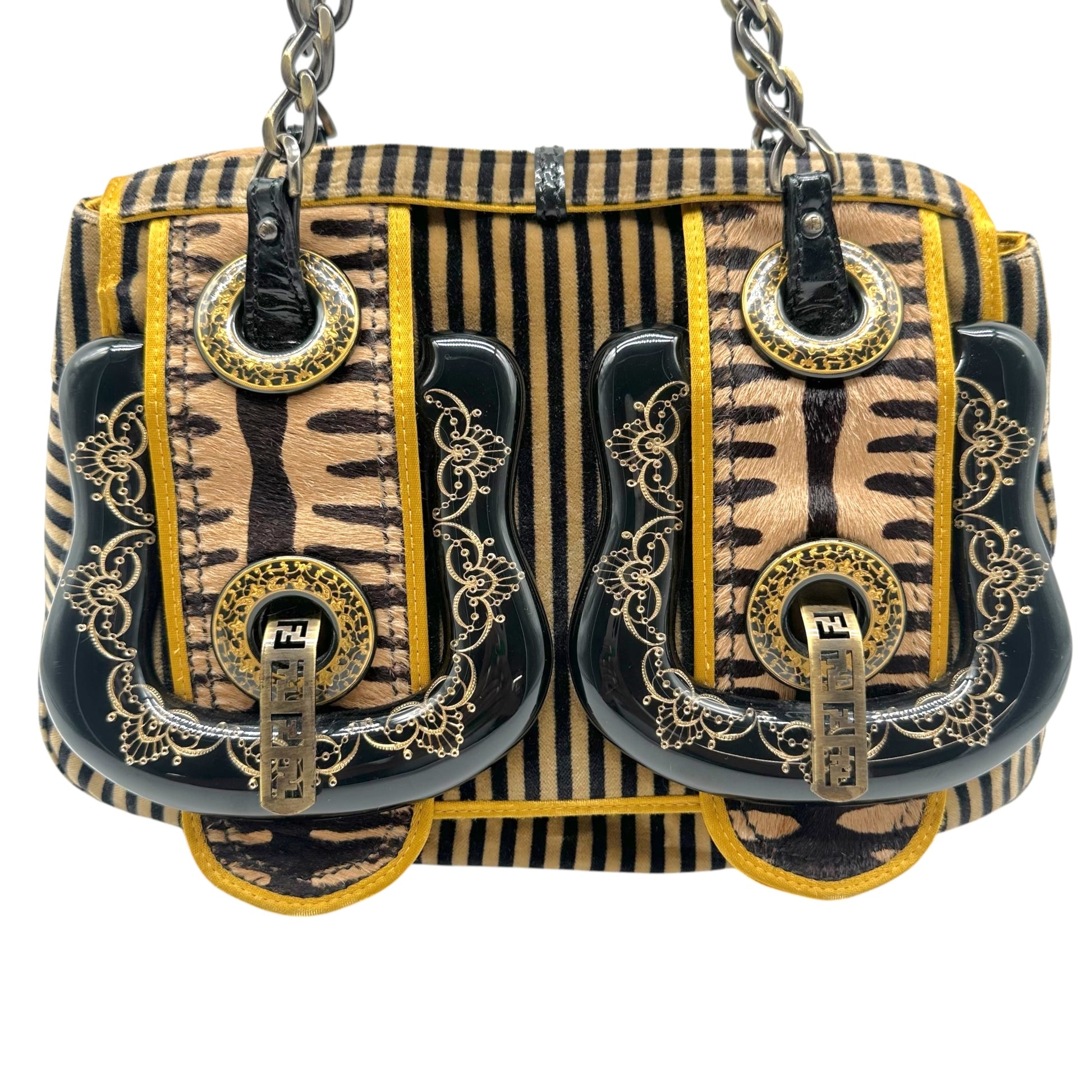 Fendi B Bag Tan Black Striped Velvet Zebra Ponyhair