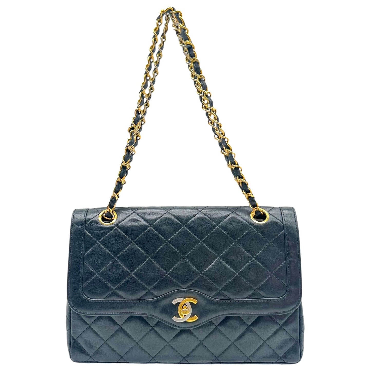 Chanel Black Lambskin Two-Tone Metal Double Flap Medium Diana Bag 1991-94