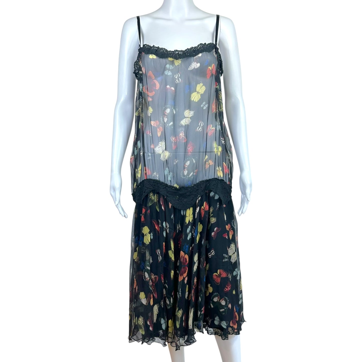 Dolce & Gabbana F/W 2001 Sheer Butterfly Print Silk & Lace Midi Dress