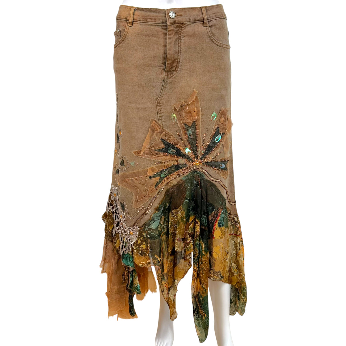 Vintage Brown Silk Denim Sequin Midi Skirt