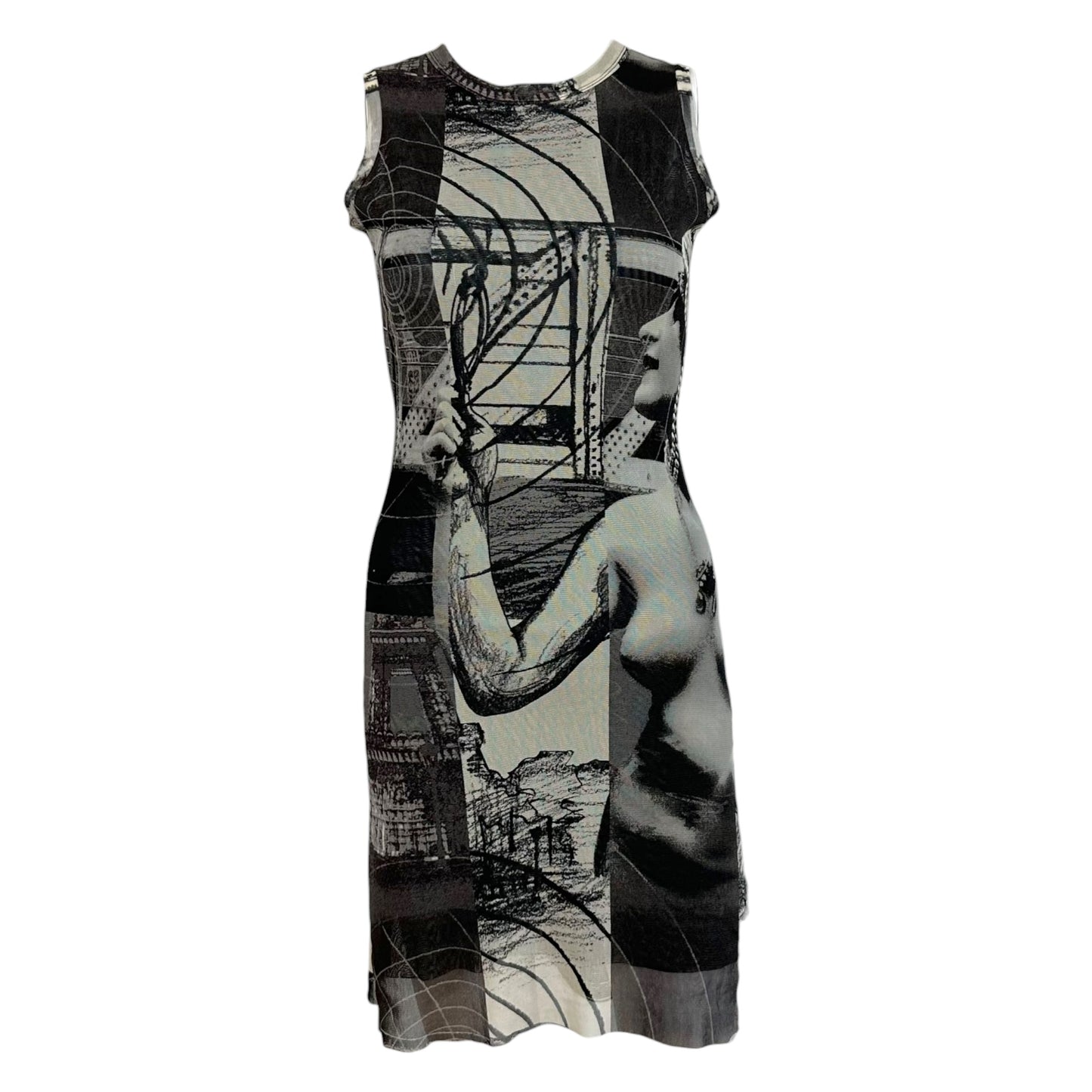 Jean Paul Gaultier Black & White Statue Print Fringe-Back Mesh Midi Dress