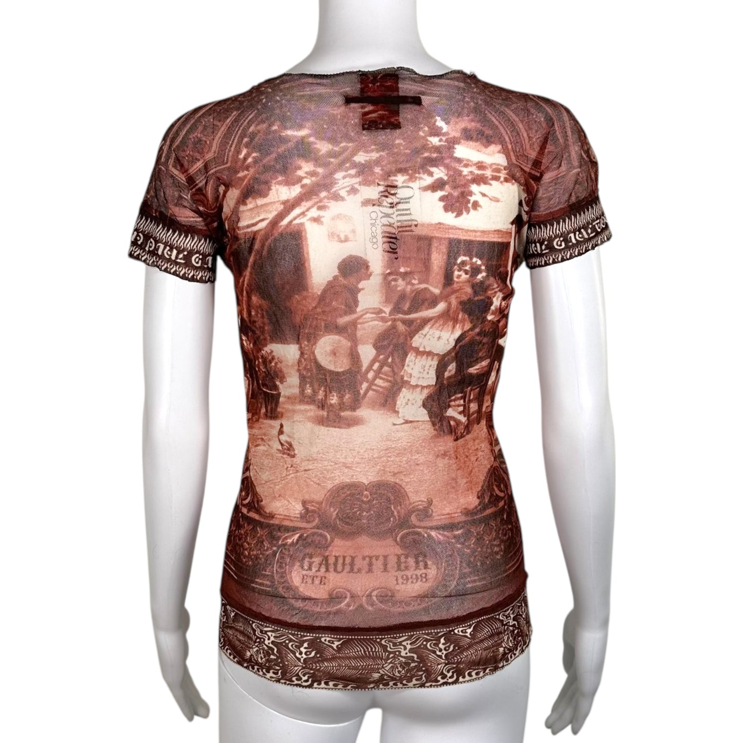 Jean Paul Gaultier Burgundy Old English Print Mesh T-Shirt