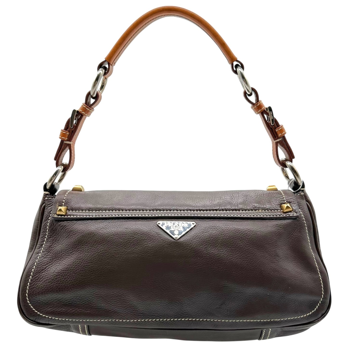 Prada Brown Leather Mixed Metal Studded Shoulder Bag