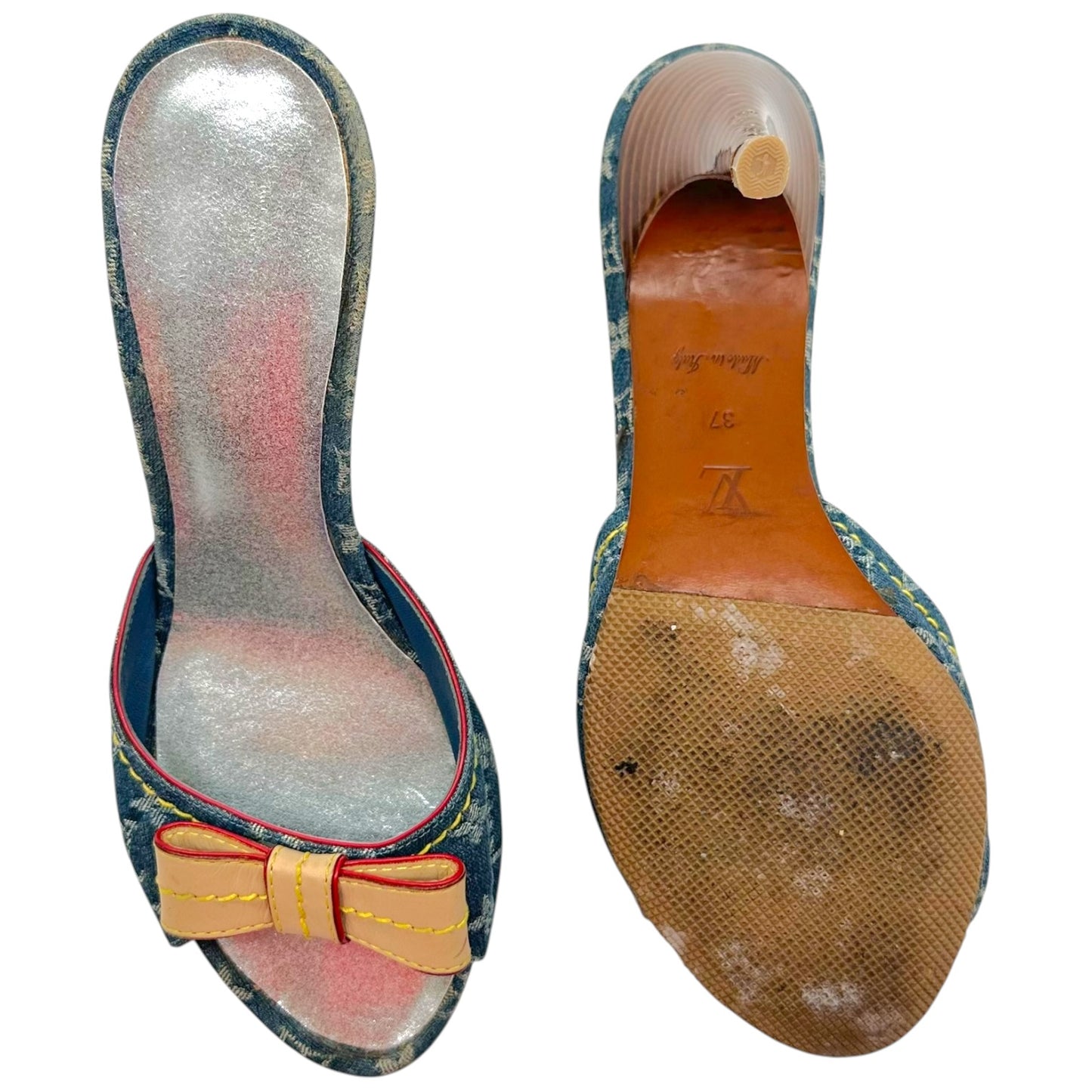Louis Vuitton Denim Monogram Leather Bow Heeled Mule Sandals