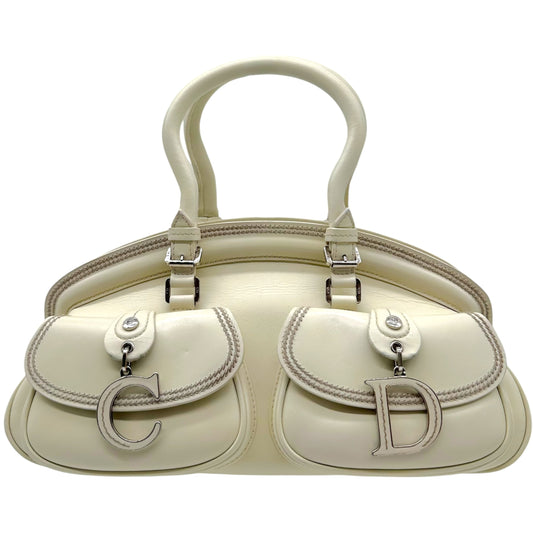 Christian Dior White Leather CD Charm East-West Bowler Handbag