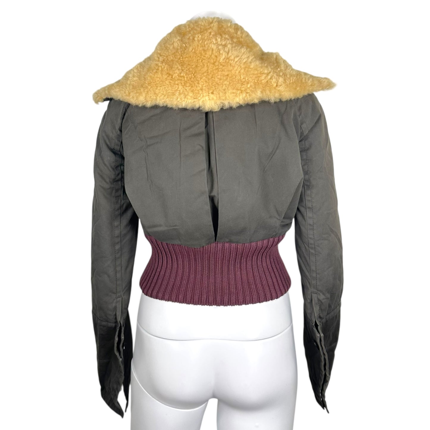 Dsquared2 Gray & Burgundy Shearling Trim Cropped Bomber Jacket