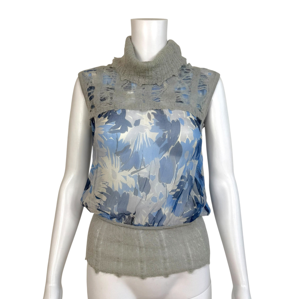 Christian Dior Sleeveless Turtleneck Top Gray Wool Silk