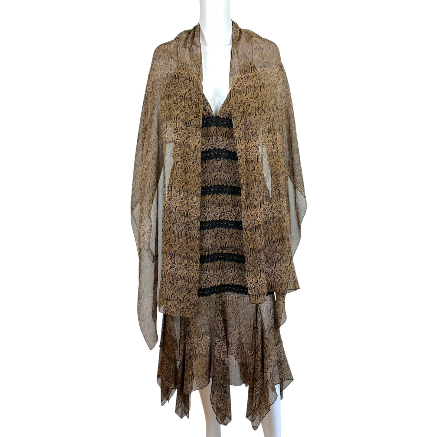 Bob Mackie Brown & Black Paisley Print Beaded Silk Midi Dress & Scarf Set