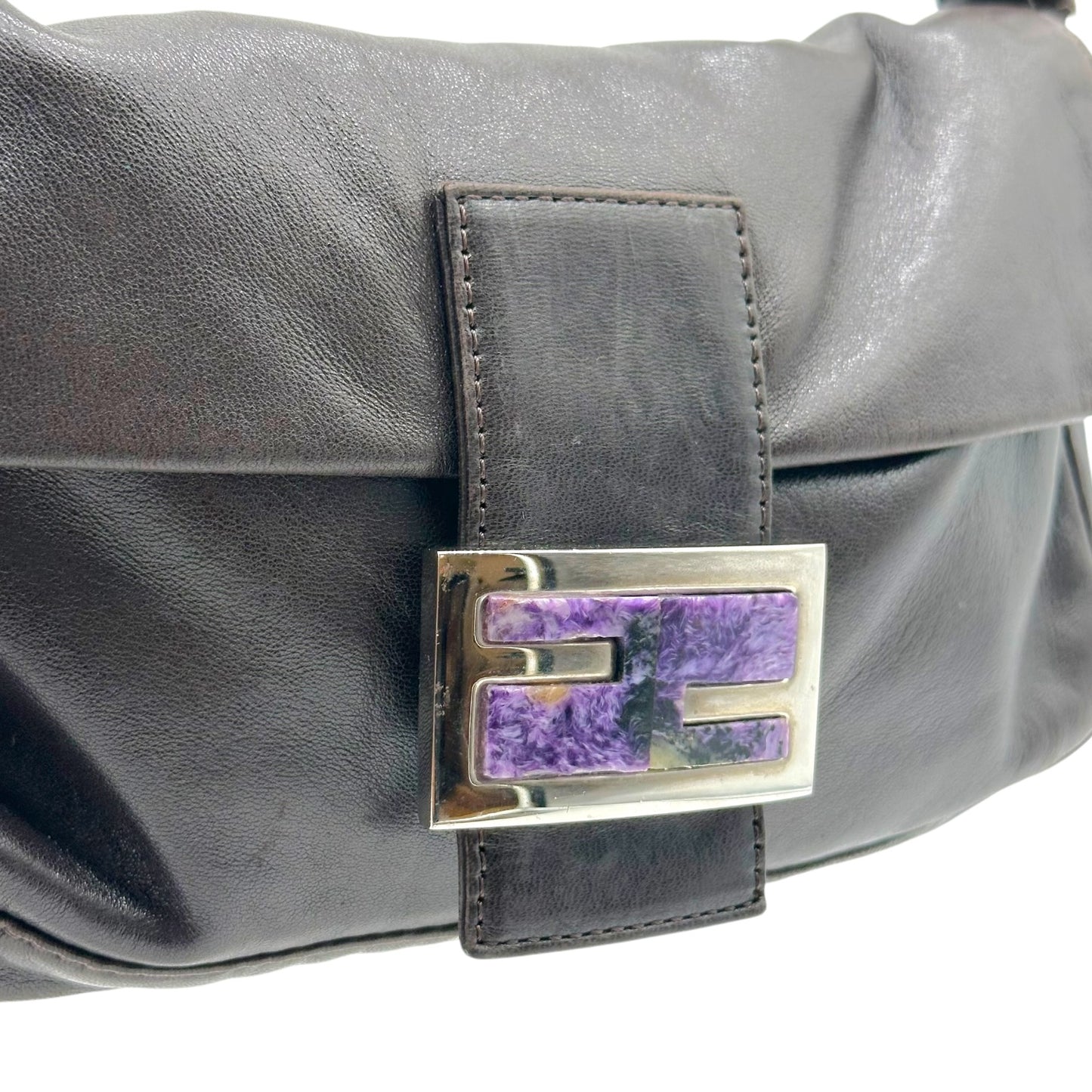 Fendi Black Lambskin Baguette Bag With Purple Stone