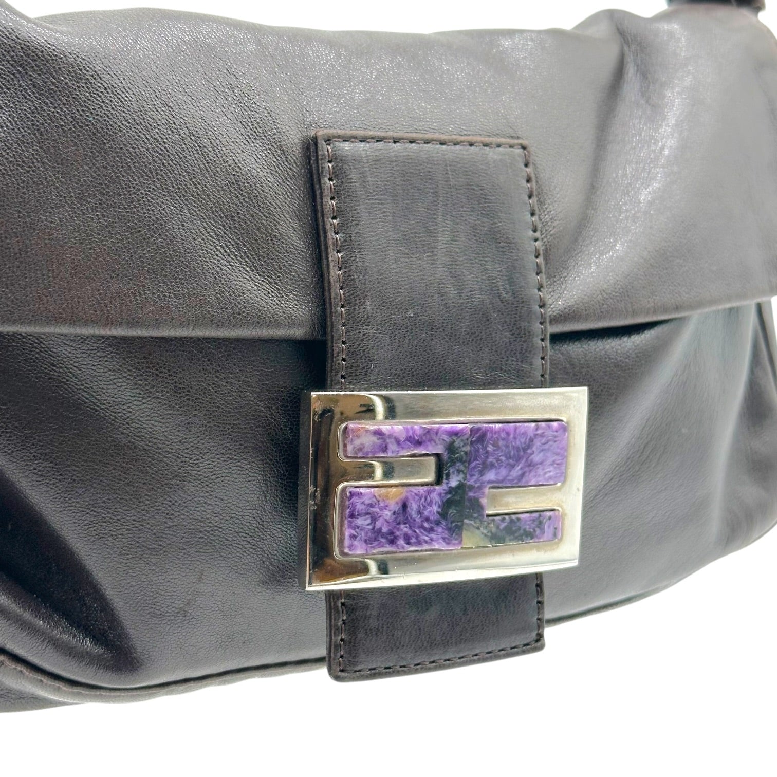 Fendi Black Lambskin Baguette Bag With Purple Stone